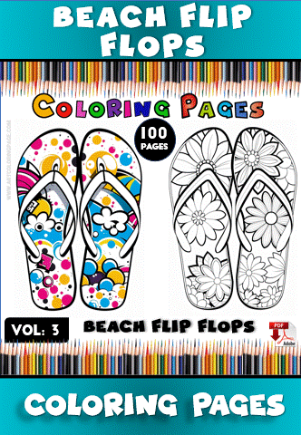 A coloring page featuring two pairs of beach flip flops, one pair decorated with colorful patterns and the other outlined with floral designs for coloring, with the title 'Beach Flip Flops' and 'Coloring Pages' prominently displayed at the top.
