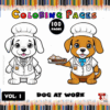 Two cartoon dogs wearing chef outfits, one holding a cake, the other standing beside a sign that reads 