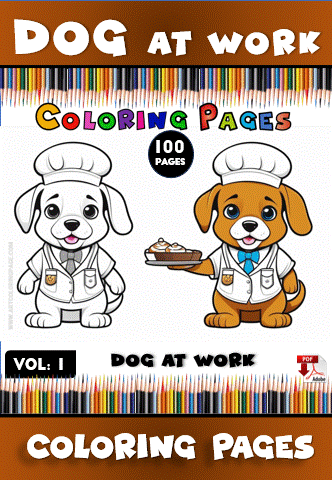 Two cartoon dogs wearing chef outfits, one holding a cake, the other standing beside a sign that reads "Dog at Work Coloring Pages".