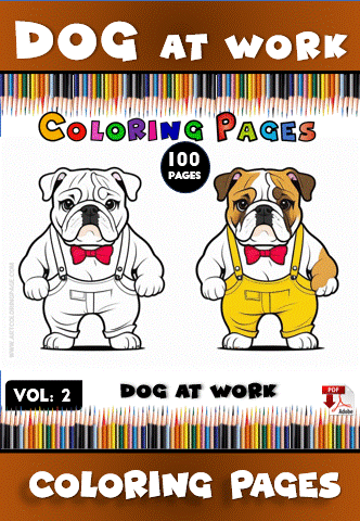 Two cartoon dogs in colorful outfits on a coloring page, promoting the "Dog at Work" series with 100 pages, features cozy coloring pages.