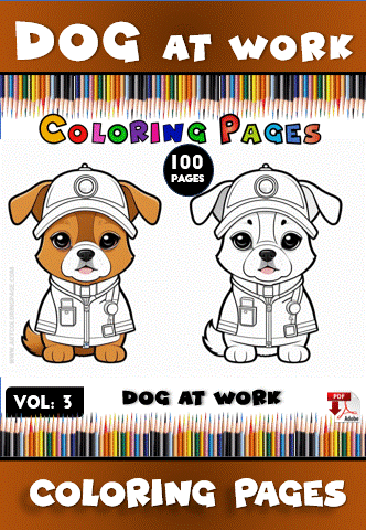 Two cartoon-style dogs in uniforms, one colored and one in black and white, featured in a cozy coloring book setting.