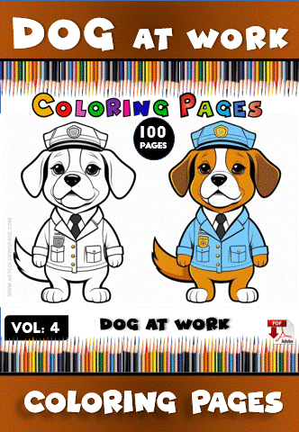 Two cartoon dogs in police uniforms are featured on the cover of a coloring book titled "Dog at Work," promoting cozy coloring pages.