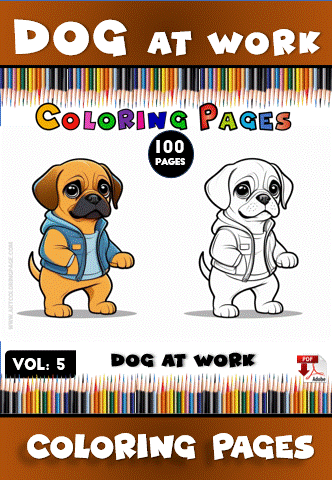 A cute illustration of two dogs, one in a hoodie and the other outlined for coloring, titled "Dog at Work," from Cozy Coloring Pages.