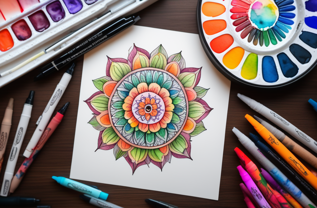 A colorful mandala drawing is centered on a white sheet of paper, surrounded by various art supplies including markers and watercolor paints, creating a vibrant creative workspace.