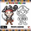 Two cartoon pirate animals in colorful attire on a cozy coloring book page, perfect for artcoloringpage.com enthusiasts.