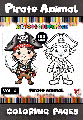 Two cartoon pirate animals in colorful attire on a cozy coloring book page, perfect for artcoloringpage.com enthusiasts.