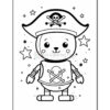 A cartoon pirate character wearing a large hat with a skull and crossbones, dressed in a pirate outfit with a crossbones emblem, surrounded by stars and playful space elements, in a black and white coloring page style.