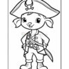 A cartoon character of a young pirate mouse wearing a large pirate hat, a jacket with buttons, and pants, standing confidently with a friendly expression and a sword at the side, outlined in black for coloring.