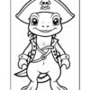 A cartoon-style lizard dressed as a pirate, wearing a hat with a skull and crossbones, a jacket with buttons, and standing with a confident smile in a coloring page format.