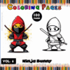 A vibrant coloring book page featuring a ninja bunny in two styles: a colorful version and an outlined version for coloring, from artcoloringpage.com.