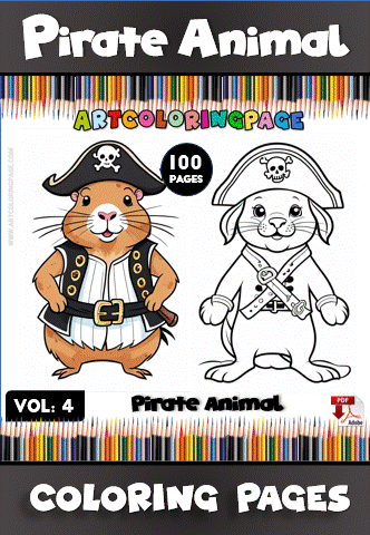Pirate animal coloring pages featuring a cartoon pirate rabbit, available at artcoloringpage.com in a cozy coloring book with 100 pages.