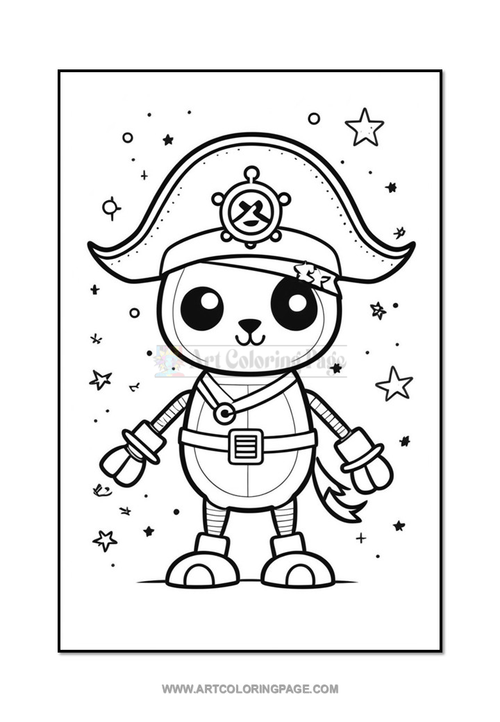 A cartoon panda dressed as a pirate, wearing a large pirate hat, boots, and a belt, posed with a playful expression amidst stars and sparkles in the background.