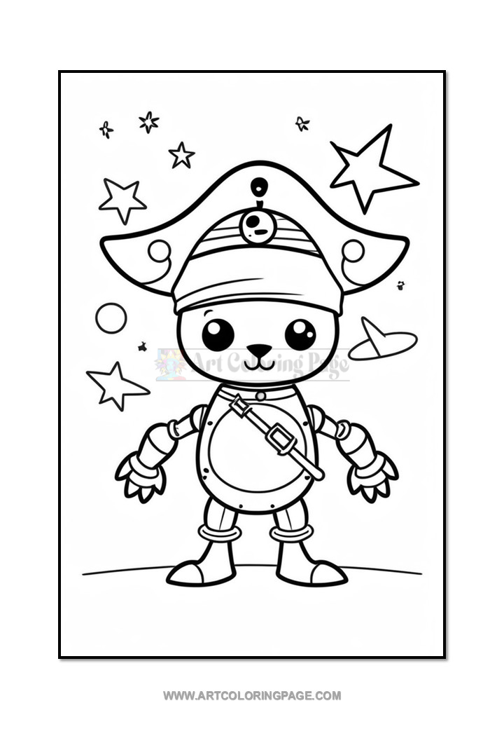 A cartoon pirate character with a round body and a large pirate hat, wearing a belt and boots, surrounded by stars and planets in a coloring book style illustration.