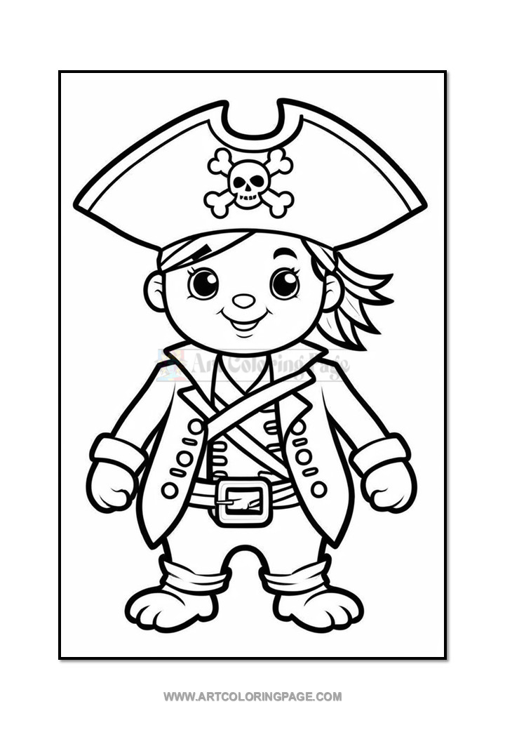 A cartoon pirate character with a large hat featuring a skull design, wearing a pirate coat with buttons and a belt, along with pants and boots, all illustrated in black outline for coloring.