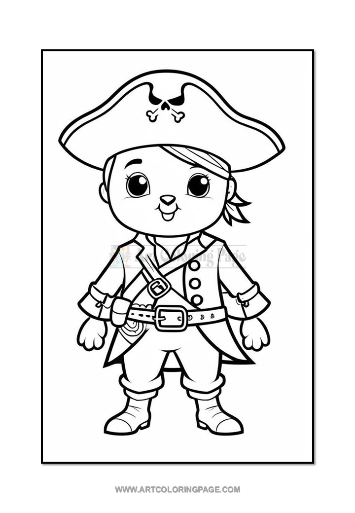 A cartoonish pirate character with a hat adorned with crossbones, wearing a coat with a belt and a sash, and exhibiting a cheerful expression, suitable for coloring.