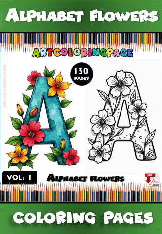 Coloring page featuring a colorful letter "A" adorned with flowers alongside a black-and-white version, promoting artcoloringpage.com for cozy coloring book enthusiasts.