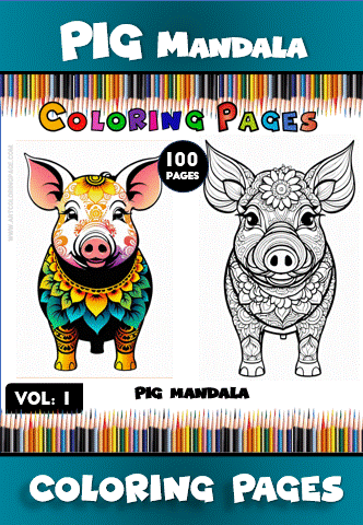 Two pig mandala coloring pages featuring intricate designs and patterns, part of a 100-page collection from artcoloringpage.com.