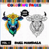 Colorful bull mandala designs from a Mandala coloring book, featuring intricate patterns for coloring pages at artcoloringpage.com.