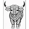 A detailed line drawing of a bull adorned with floral patterns and decorative designs, facing forward with its horns curved upward.