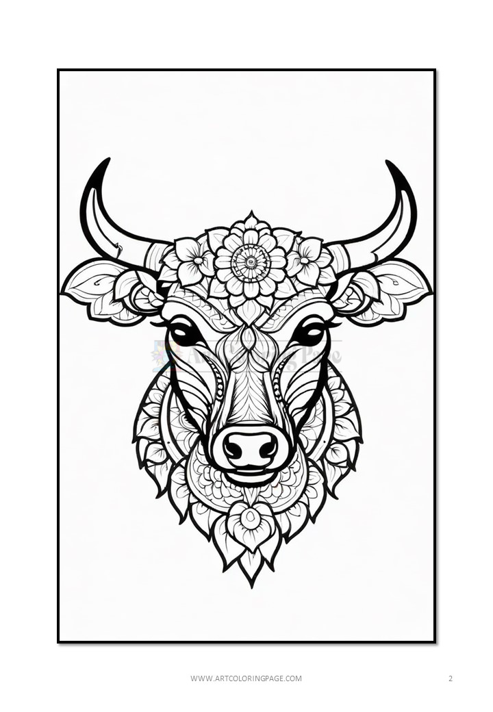 A detailed black and white illustration of a bull's head adorned with floral patterns and mandala designs, featuring prominent horns and intricate line work around the facial features, set against a plain background.
