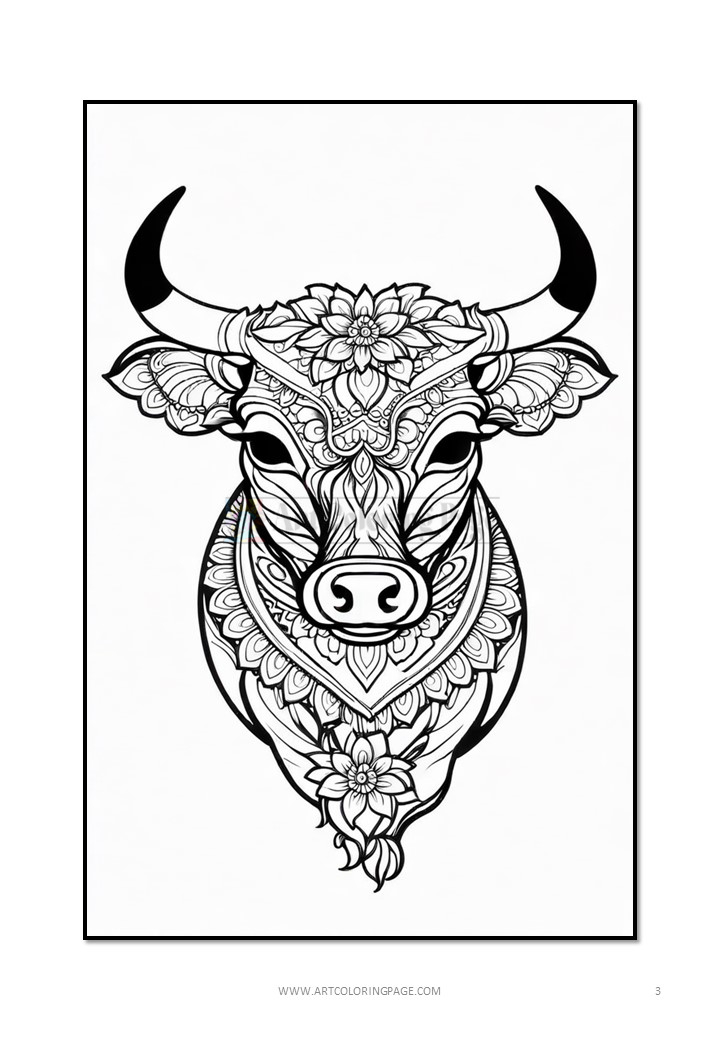 A detailed line art illustration of a bull's head, adorned with intricate floral patterns and decorative motifs, set against a plain background.