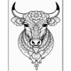A detailed black and white illustration of a cow's face adorned with intricate floral patterns and decorative elements, featuring prominent horns and a stylized beard.