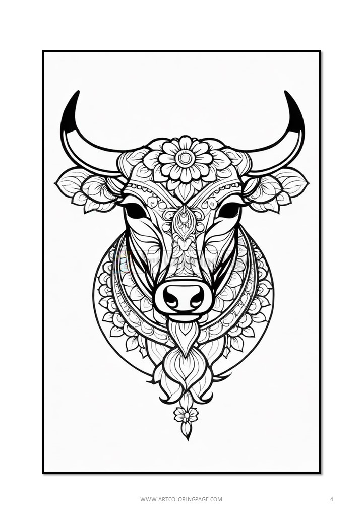 A detailed black and white illustration of a cow's face adorned with intricate floral patterns and decorative elements, featuring prominent horns and a stylized beard.