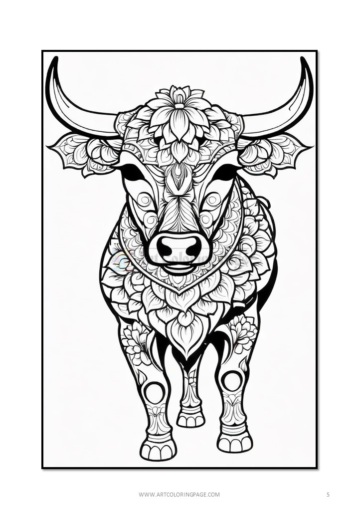 A black and white illustration of a stylized bull adorned with intricate floral patterns and designs, standing in a frontal view against a plain background.