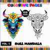 Bull mandala coloring pages featuring artistic designs with vibrant colors and floral patterns, part of the Mandala coloring book series at artcoloringpage.com.
