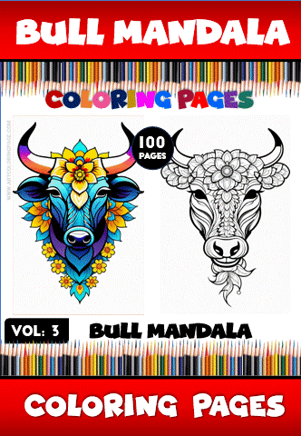 Bull mandala coloring pages featuring artistic designs with vibrant colors and floral patterns, part of the Mandala coloring book series at artcoloringpage.com.