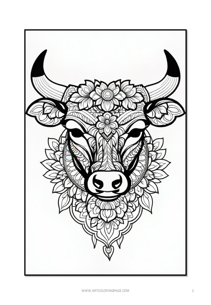 A detailed black and white illustration of a cow's head, adorned with intricate floral patterns and ornamental designs, set against a white background.