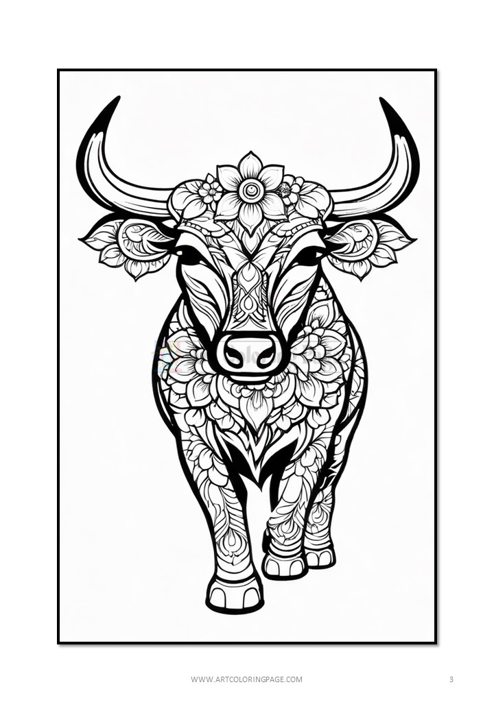 A stylized black and white illustration of a bull adorned with floral patterns and decorative details, facing forward with prominent horns and a floral crown on its head.