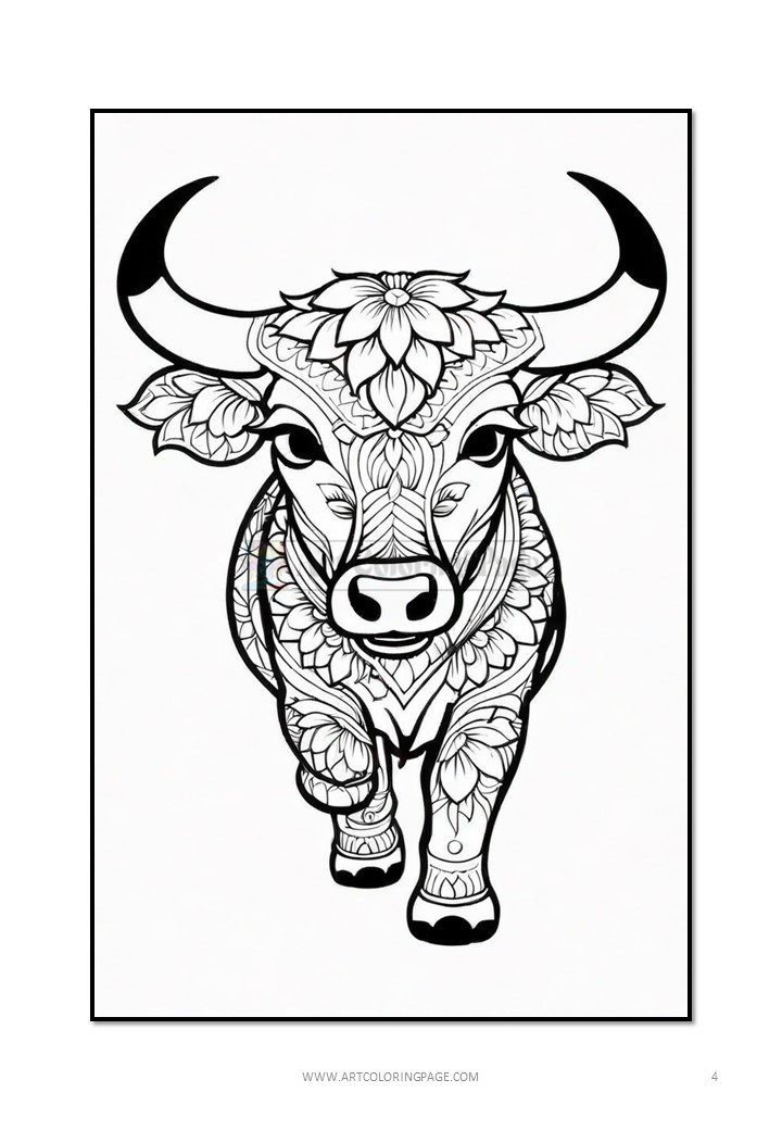 A stylized line drawing of a bull, featuring intricate floral patterns on its face and body, with prominent curved horns and a symmetrical decorative design, set against a blank background.