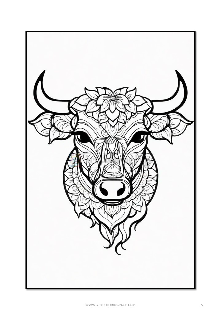 A detailed black and white line art illustration of a bull's head, adorned with intricate floral patterns and designs.