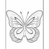 A detailed black and white illustration of a butterfly, showcasing intricate line work on the wings and floral patterns at the bottom, designed for coloring.