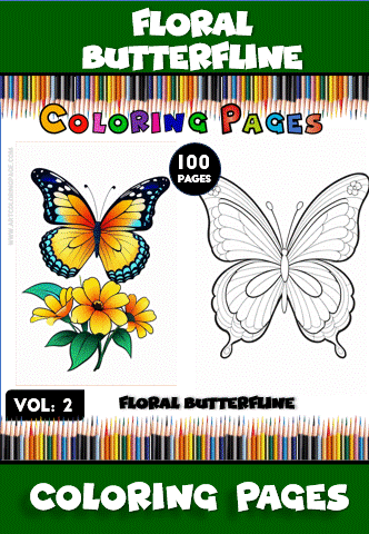 Floral butterfly coloring pages featuring a colored butterfly and an outline version, perfect for your cozy coloring book. Visit artcoloringpage.com for more cozy coloring pages.