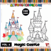 Coloring pages featuring a magic castle from artcoloringpage.com, showcasing both colored and black-and-white designs, ideal for a coloring book.