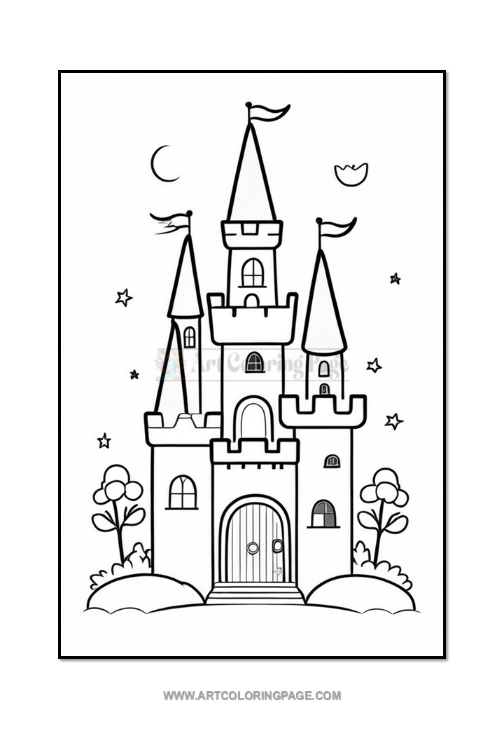 A simple black and white illustration of a fairy tale castle featuring multiple towers, flags on top, a large front door, and surrounded by bushes and trees, with stars and a crescent moon in the sky.