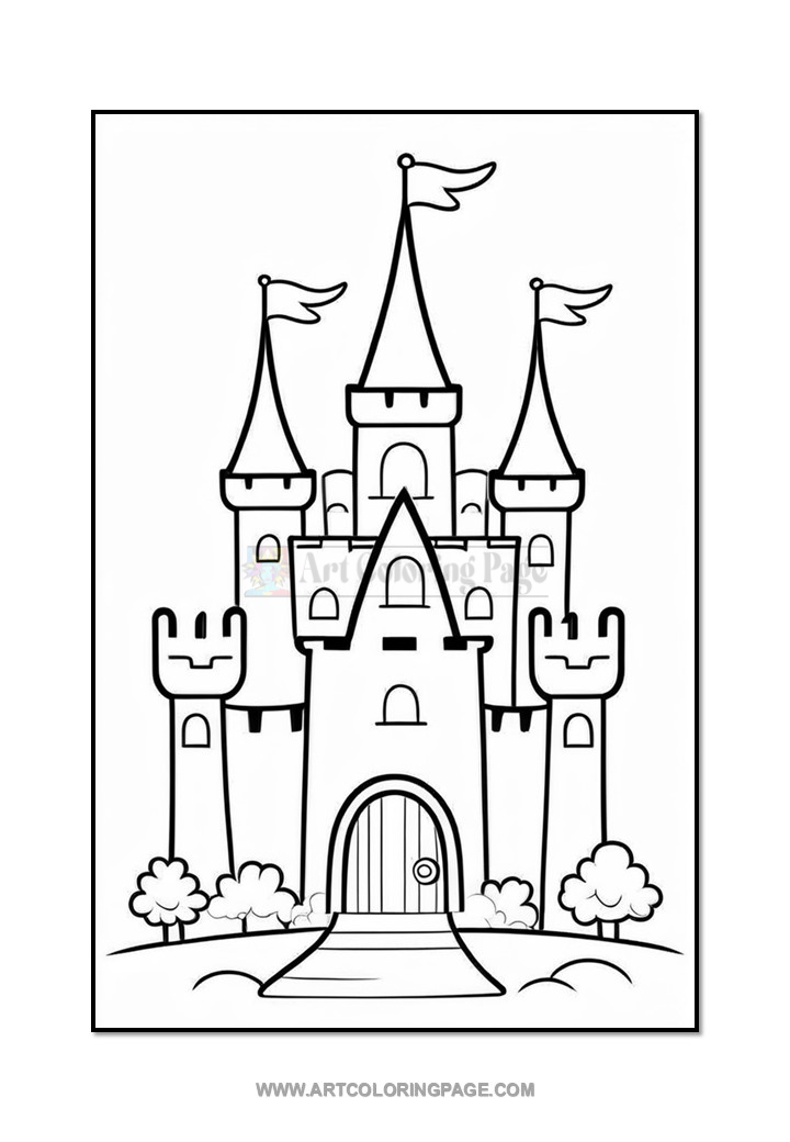 A black and white illustration of a fairytale castle with multiple towers, each topped with flags, a central wooden door, and a pathway leading up to it, surrounded by stylized trees and grassy hills.
