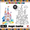 Coloring book featuring a magic castle theme, with both colored and black-and-white coloring pages from artcoloringpage.com.
