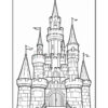 A detailed outline illustration of a fairytale castle featuring tall towers with flags, stone walls, and an arched doorway, suitable for coloring.
