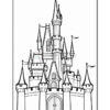 A detailed line drawing of a fairytale castle featuring tall spires, flags, and a large arched entrance with double doors.