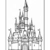 A detailed line drawing of a fairytale castle with multiple tall spires, turrets, and flags, set against a plain background, designed for coloring.
