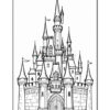 A detailed line drawing of a fantasy castle featuring multiple towers, flags, and a large front gate, set against a blank background for coloring.