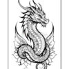 A detailed black and white illustration of a dragon, showcasing intricate scale patterns, flowing mane, and leaf-like wings, set against a plain background.