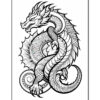 A detailed black and white illustration of a dragon, featuring intricate patterns on its body and scales. The dragon is coiled in a dynamic pose, with a prominent head and elongated tail, showcasing sharp claws and spiky dorsal fins.