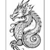 A detailed black and white illustration of a dragon, featuring an elaborate design with scales and flowing lines, showcasing its fierce head and curled tail.