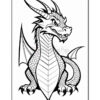 A detailed outline illustration of a dragon with prominent features including spiky horns, large wings, scaly skin, and fierce facial expression, designed as a coloring page.
