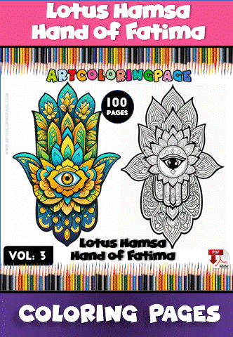 Lotus Hamsa Hand of Fatima mandala coloring pages, featuring intricate designs in a colorful layout for artcoloringpage.com.