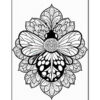 A black and white illustration featuring a large butterfly with intricate patterns and details, positioned at the center of a floral design. The butterfly's wings have distinctive spots, and the surrounding flower petals are outlined with decorative lines. A simple, elegant layout with a stark white background.